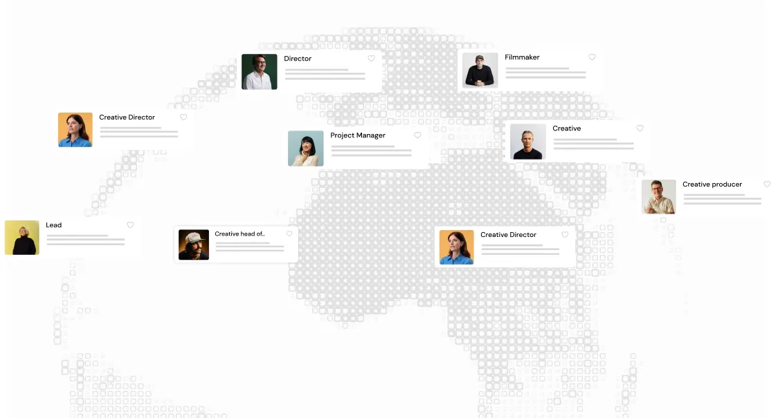Mapa mundial punteado con tarjetas de perfiles de talento curado: Director, Filmmaker, Creative Director, Project Manager, Creative, Creative producer, Lead y Creative head of.