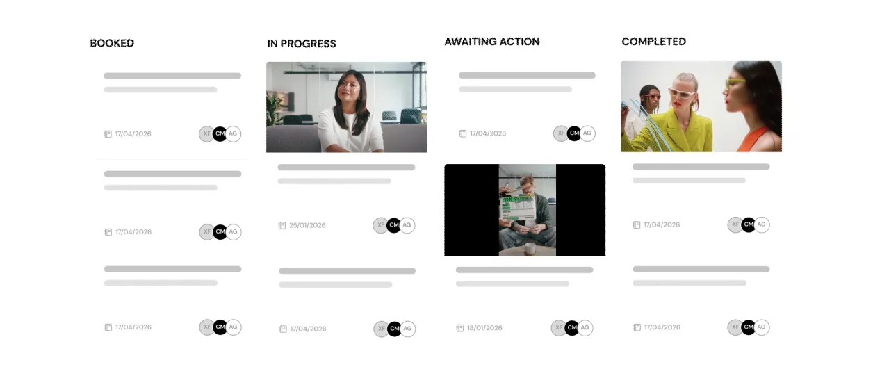 Tablero de PLAY Platform con proyectos organizados por estado: Booked, In progress, Awaiting action y Completed.