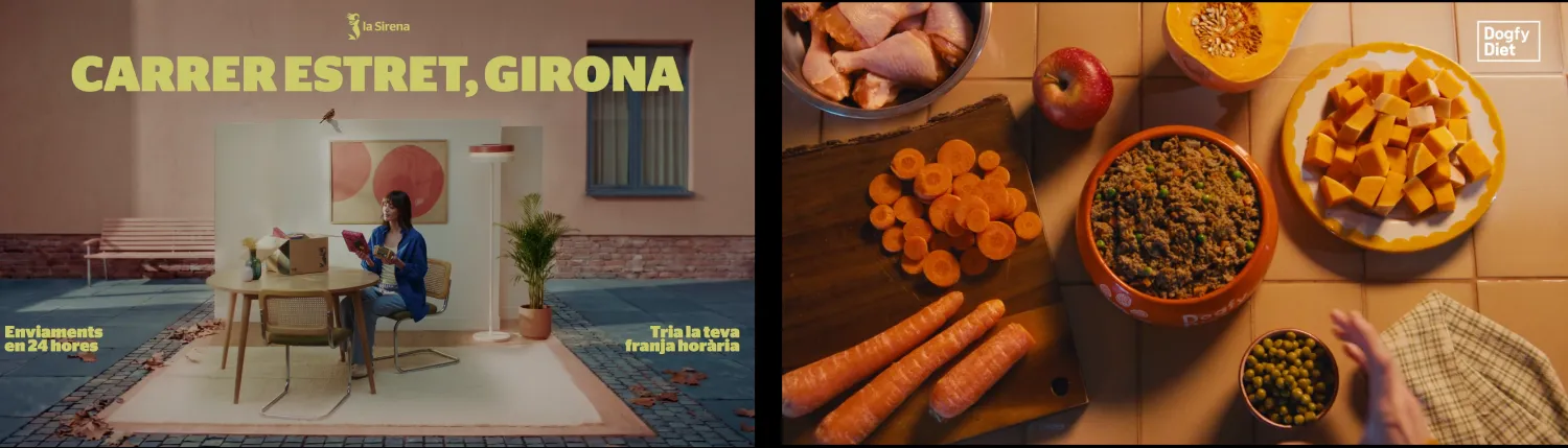 Ejemplos de contenido producido con IA: una pieza de la campaña “Carrer Estret, Girona” y bodegones gastronómicos generados con inteligencia artificial.