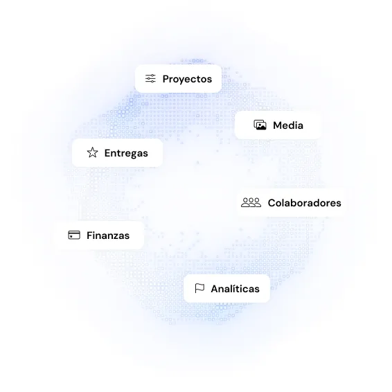 Diagrama modular de PLAY Platform con los módulos Proyectos, Media, Analíticas, Colaboradores, Finanzas y Entregas.