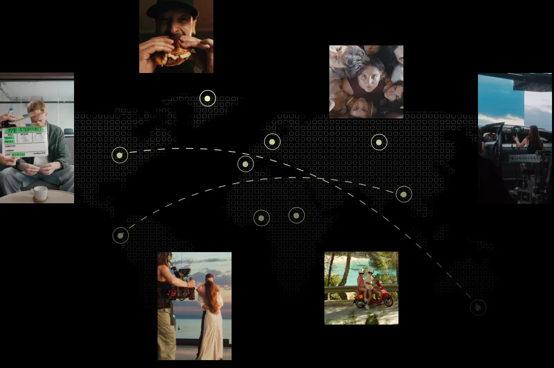 Mapa mundial con la red de talento audiovisual de Play Your Brand: nodos con retratos de profesionales conectados por rutas internacionales.