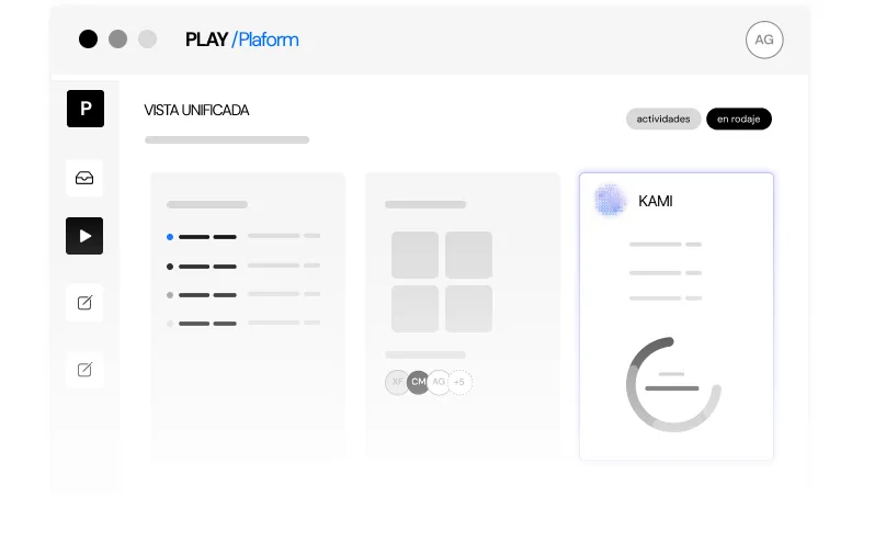 Vista unificada de PLAY Platform: barra lateral de módulos, listado de proyectos y panel de KAMI con totales.