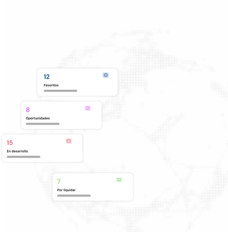 Tarjetas de estado de proyectos en PLAY Platform: Favoritos, Oportunidades, En desarrollo y Por liquidar, sobre un mapa global.